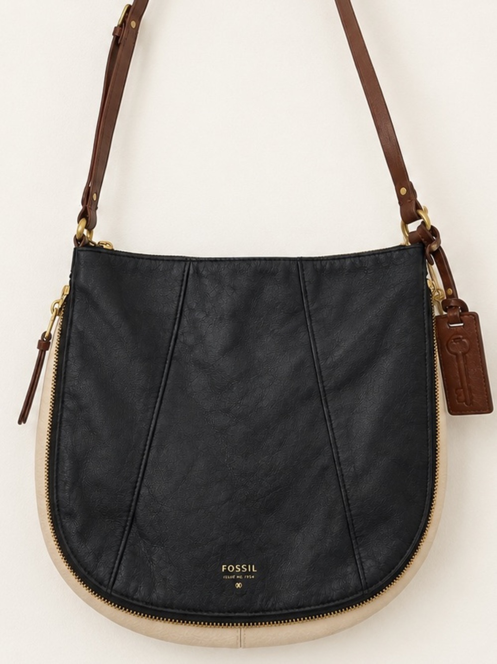 Fossil Black Leather Crossbody with Brown Strap and Gold Hardware